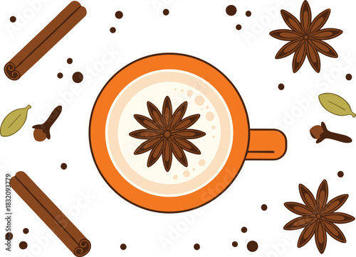 Top View Vector of Warm Chai Tea with Star Anise, Cinnamon, Cardamom, and Other Aromatic Spices