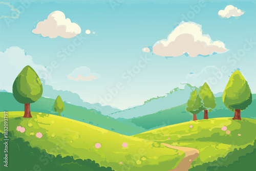 Lush green rolling hills with scattered trees and a dirt path provide a scenic backdrop for springtime advertising materials.