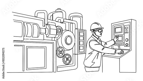 Continuous line drawing of factory worker operating machinery