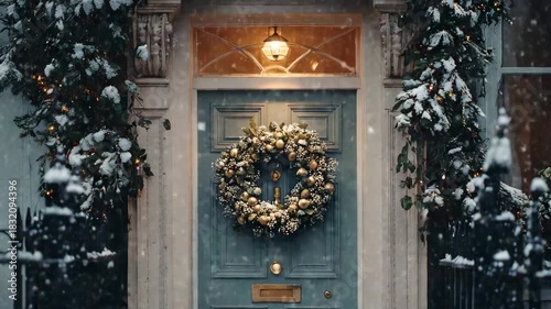 Elegant christmas wreath on a snowy front door