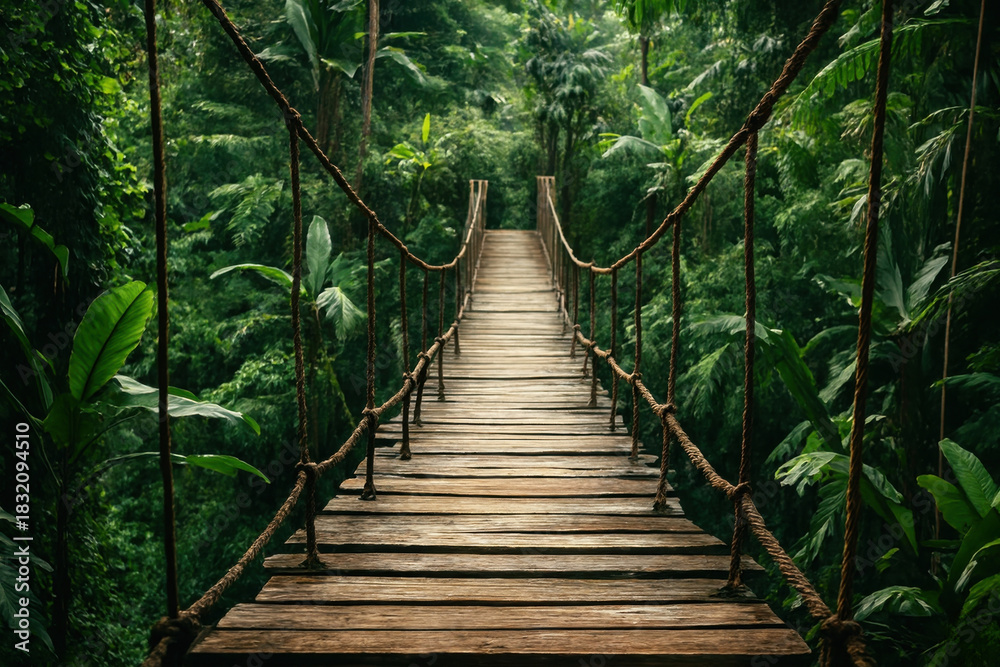 Obraz premium Wooden suspension bridge in lush green tropical rainforest scenery