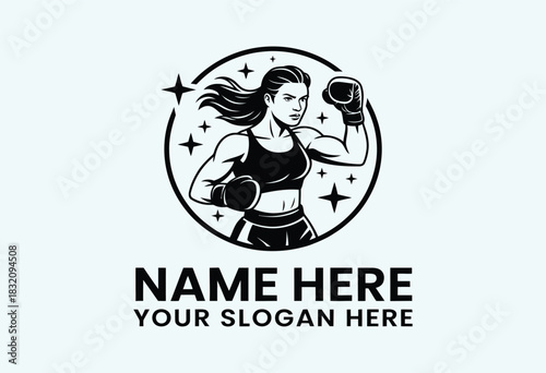 powerful female boxer silhouette logo design in bold minimalist style ideal for boxing clubs personal training studios sports product packaging fitness event promotions and modern branding assets
