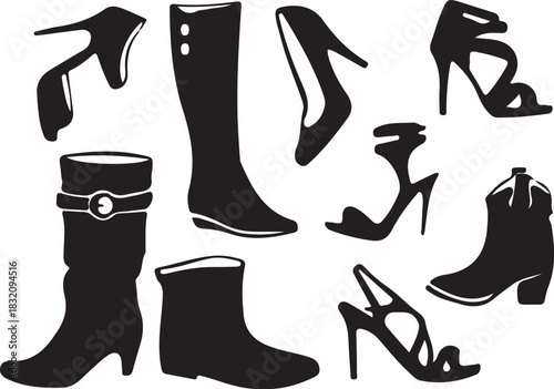 A fashion vector illustration set of elegant black leather woman high heel shoes and boots collection