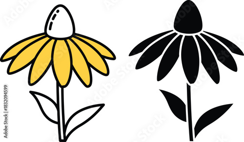 Yellow and vactor black daisy flower icons with stems and leaves white