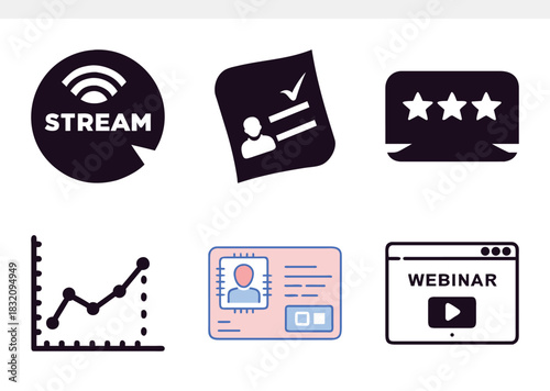 Modern vector icon set for digital services and online activities stream, user registration, customer review, data analytics, personal identification, and webinar
