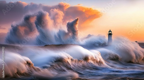 Fototapeta Naklejka Na Ścianę i Meble -  Dramatic view of large ocean waves crashing against a lighthouse at sunset. The sky is filled with colorful clouds.