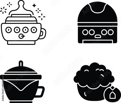 Four vactor black icons of baby feeding cups and a cupcake with a house symbol baby bottle icon