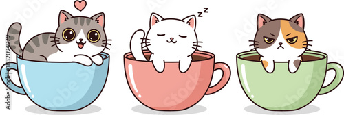 Adorable Kawaii Kitten Characters Vector Set Sitting in Pastel Colored Coffee Mugs and Teacups