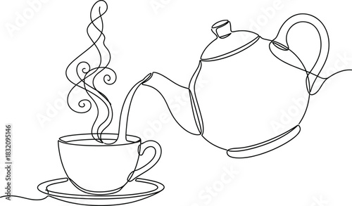 Continuous One Line Drawing Vector Illustration of Hot Tea Poured from Teapot into Steaming Cup and Saucer