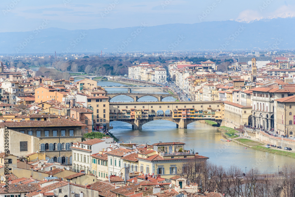 Fototapeta premium Bridges of the Arno with Ponte Vecchio from Piazzale Michelangelo, Florence, Italy