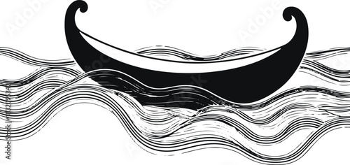 Single-stroke line art depicting a symbolic canoe shape merging with river waves, inspired by Tupi storytelling motifs, kept abstract and modern 1