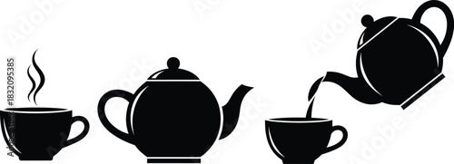Collection of solid black tea icons, including a teapot, teacup with steam, and pouring action silhouette