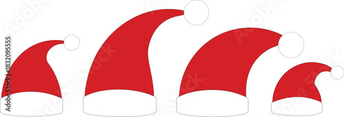 Set of different classic Santa hats in various festive styles on white background.