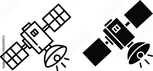 Satellite icon outline and solid vactor black fill on white background space orbit