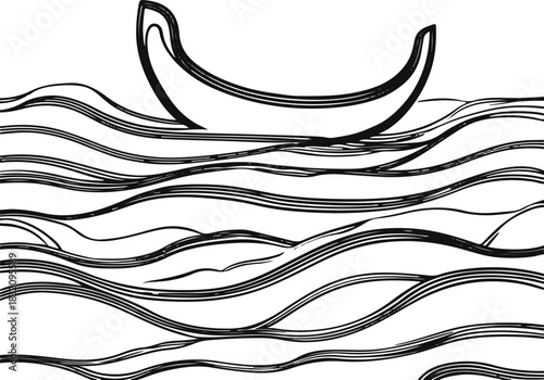 Single-stroke line art depicting a symbolic canoe shape merging with river waves, inspired by Tupi storytelling motifs, kept abstract and modern