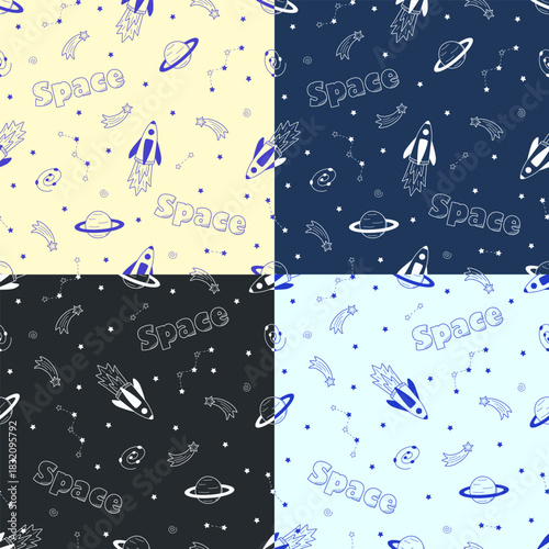 Set of seamless pattern of space elements rocket cosmonaut stars satellite telescope comet. Cosmic background. Vector illustration for packaging, textiles.