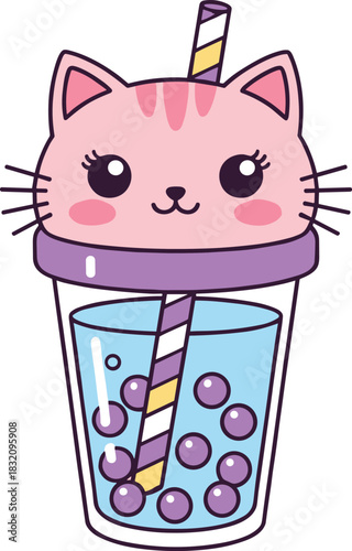 Cute Kawaii Cat Head Bubble Tea Vector Illustration with Purple Boba Pearls and Striped Straw