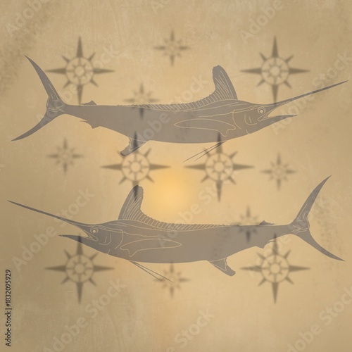 Marlin print with sun and compass, vintage background.