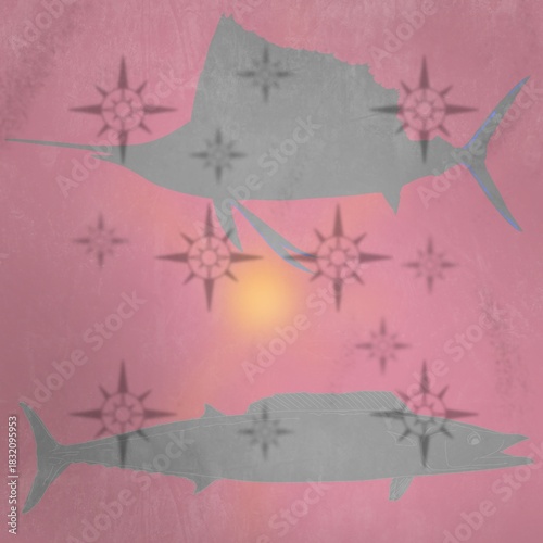 Untitled Artwork Sailfish and Wahoo print with sun and compass, red background.