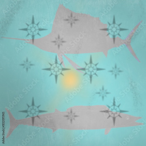 Untitled Artwork Sailfish and Wahoo print with sun and compass, turquoise background.