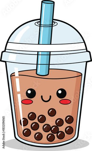 Cute Cartoon Boba Bubble Tea Vector Mascot with Happy Face and Tapioca Pearls for Sweet Drink Design