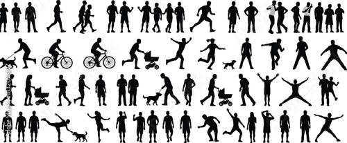 Human activity silhouettes, walking, running, cycling, dancing, dog walking, stroller pushing, everyday motion, black icons, lifestyle poses, flat vector