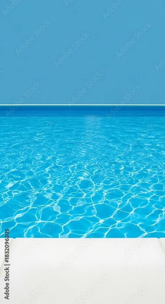 Obraz premium A serene shot showcasing a rectangular pool filled with clear, sparkling water under a bright blue sky. A white edge defines the pool's border