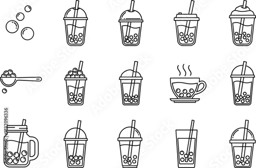 Large Outline Vector Icon Set of Bubble Tea (Boba) Cups, Pearls, and Drinks for Cafe Menu Design