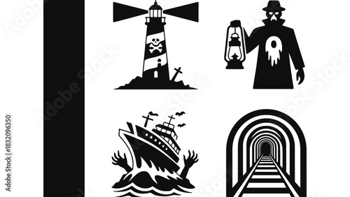 Black and white horror themed images with lighthouse ship and tunnel