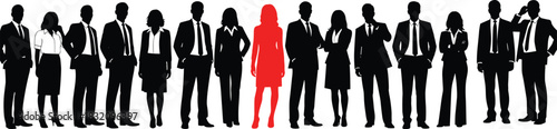 Business professionals lineup silhouette, standout individual, leadership concept, recruitment focus, corporate diversity, red highlight figure, team selection, flat vector