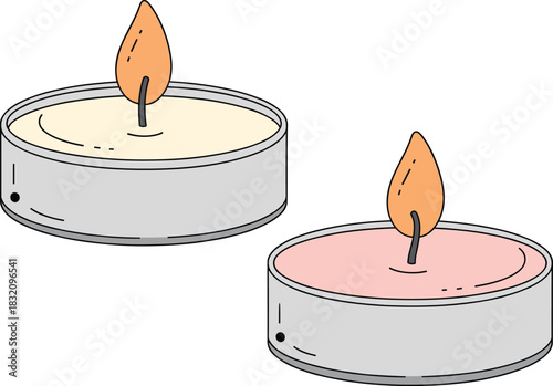 Vector Illustration of Two Burning Tea Light Candles with Pink and Creamy Wax for Relaxation and Ambiance
