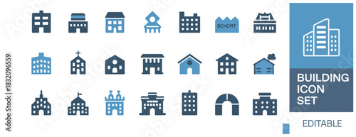 building flat icon set with editable vector illustrations of office, hospital, mall, mosque, airport, factory, and more, perfect for apps, maps, real estate layouts, and urban planning presentations.