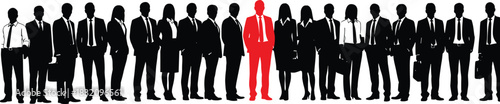 Business professionals lineup silhouette, standout individual in red, leadership and recruitment concept, corporate diversity, team selection icons, flat vector