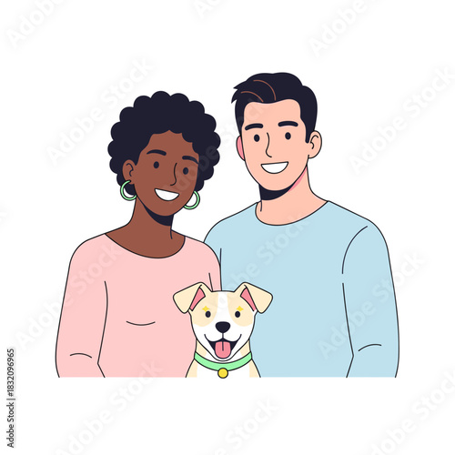 Interracial couple smiling while holding a dog in simple setting  