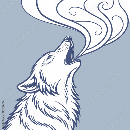Stylized white wolf howling with blue outlines and swirling smoke against a muted blue background