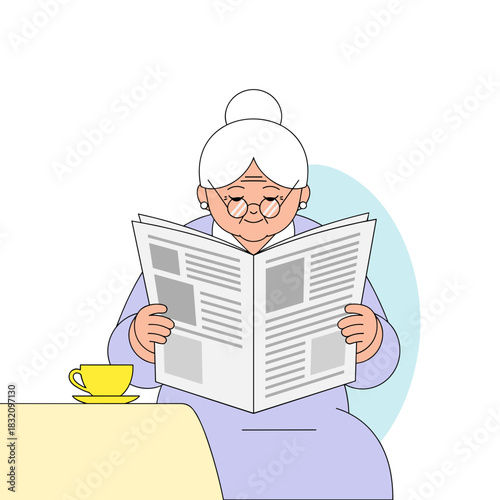 Elderly woman reading newspaper while seated at a table with coffee  