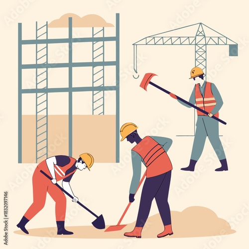 Construction workers in hard hats and safety vests performing manual labor on a building site