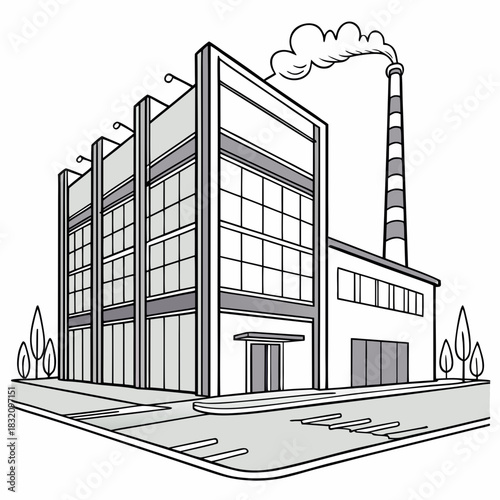 Modern industrial factory building with a smokestack emitting smoke against a white background