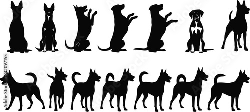 Dog silhouettes in various poses, sitting, standing, begging, breed diversity, pet posture icons, black animal shapes, flat vector