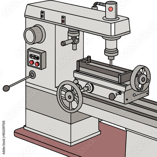 Illustration of a heavy duty industrial milling machine with a precision cutting tool and control panel