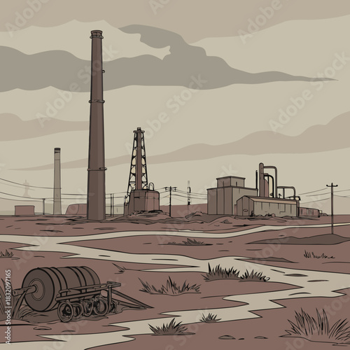 Industrial landscape with smokestacks and oil rig under a cloudy sky