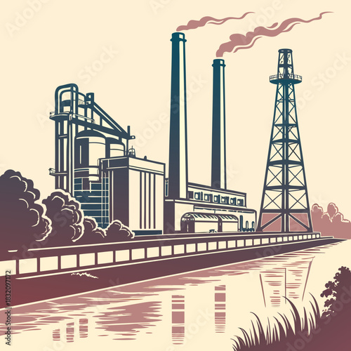 Industrial landscape with smokestacks and oil rig beside a reflective body of water