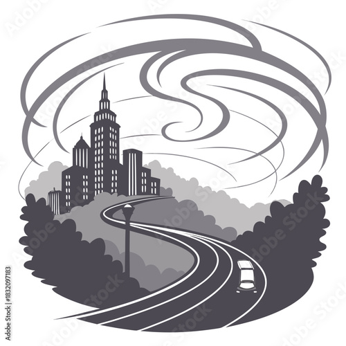 Stylized cityscape with a winding road leading to modern skyscrapers under swirling abstract sky elements