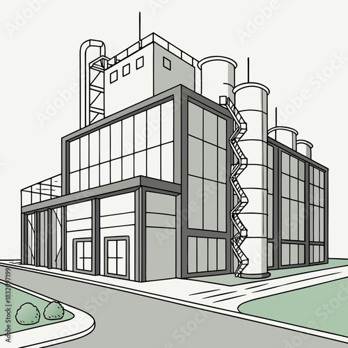 Modern industrial building with large windows and cylindrical towers against a light background