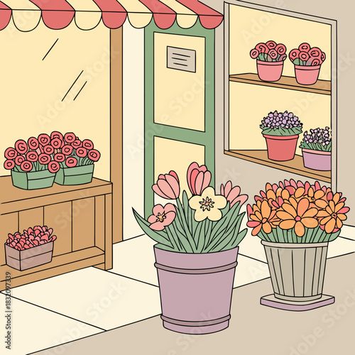 Charming illustration of a flower shop exterior with colorful blooms displayed outside and in windows