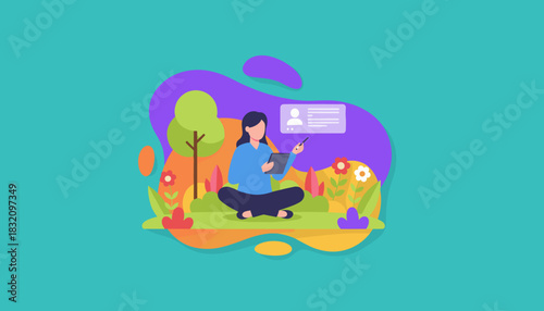 Remote work illustration Woman uses tablet in a stylized natural setting for education design or business