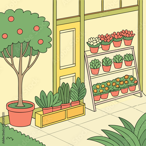 Charming cartoon illustration of a plant shop entrance with potted trees flowers and succulents