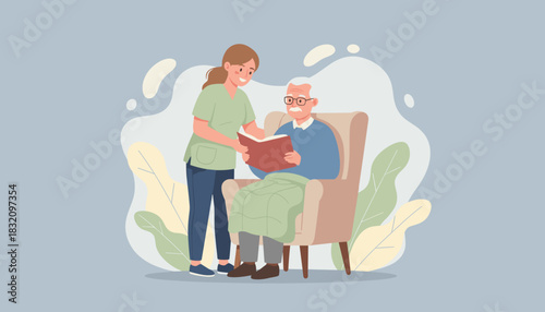 Caregiver reads to a happy senior man sitting in an armchair Assisted living and home care