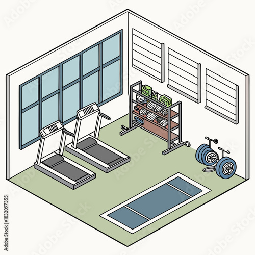 Isometric view of a home gym with treadmills weights yoga mat and exercise equipment