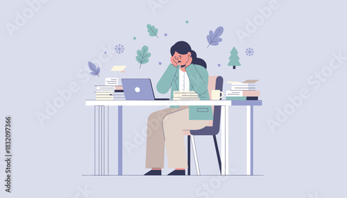 Overworked employee suffering from work stress and burnout at her desk surrounded by piles of tasks